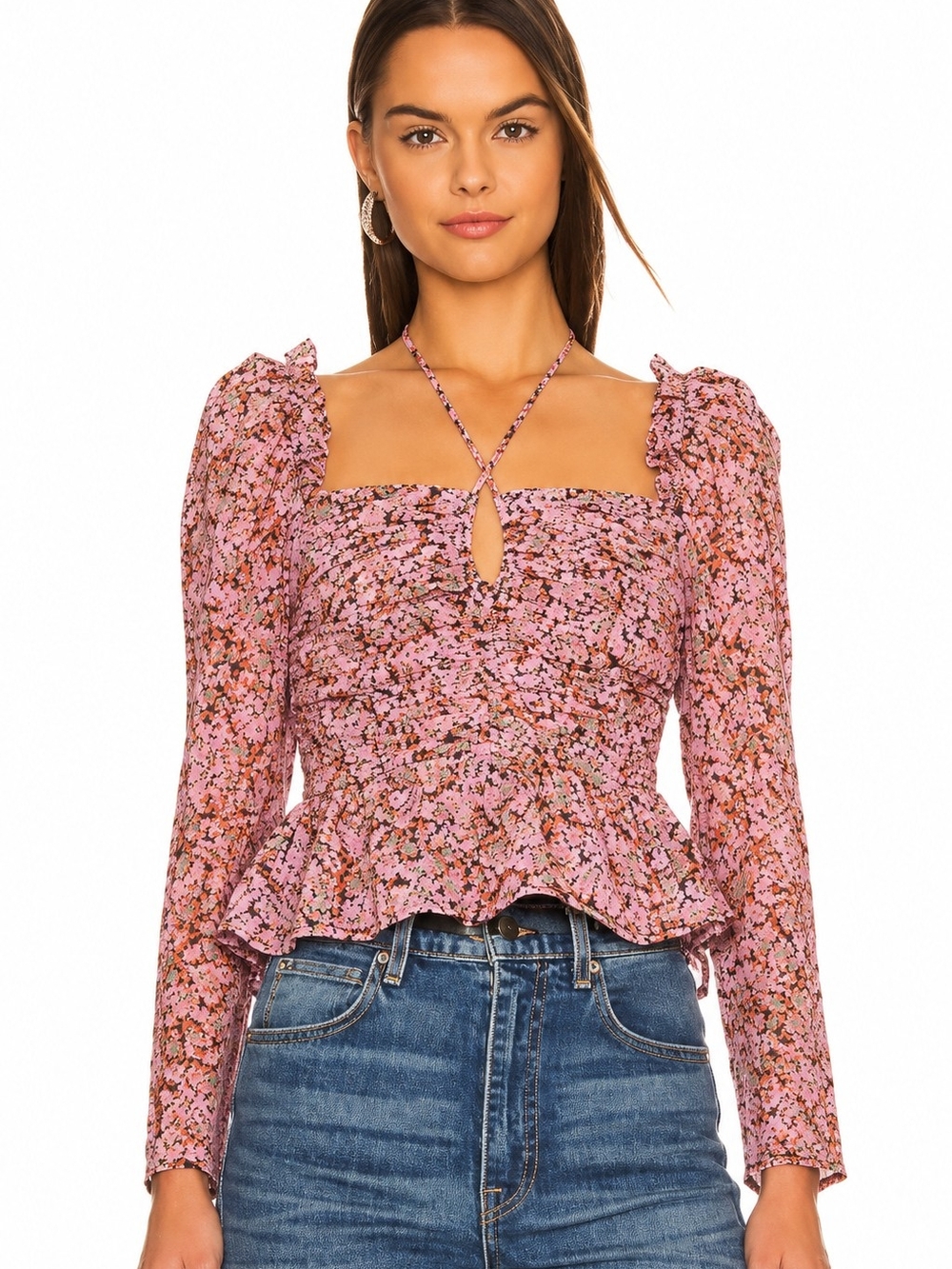 ASTR The Label Toni Ruched Floral Peplum Top Black Pink Size M Cottagecore chic